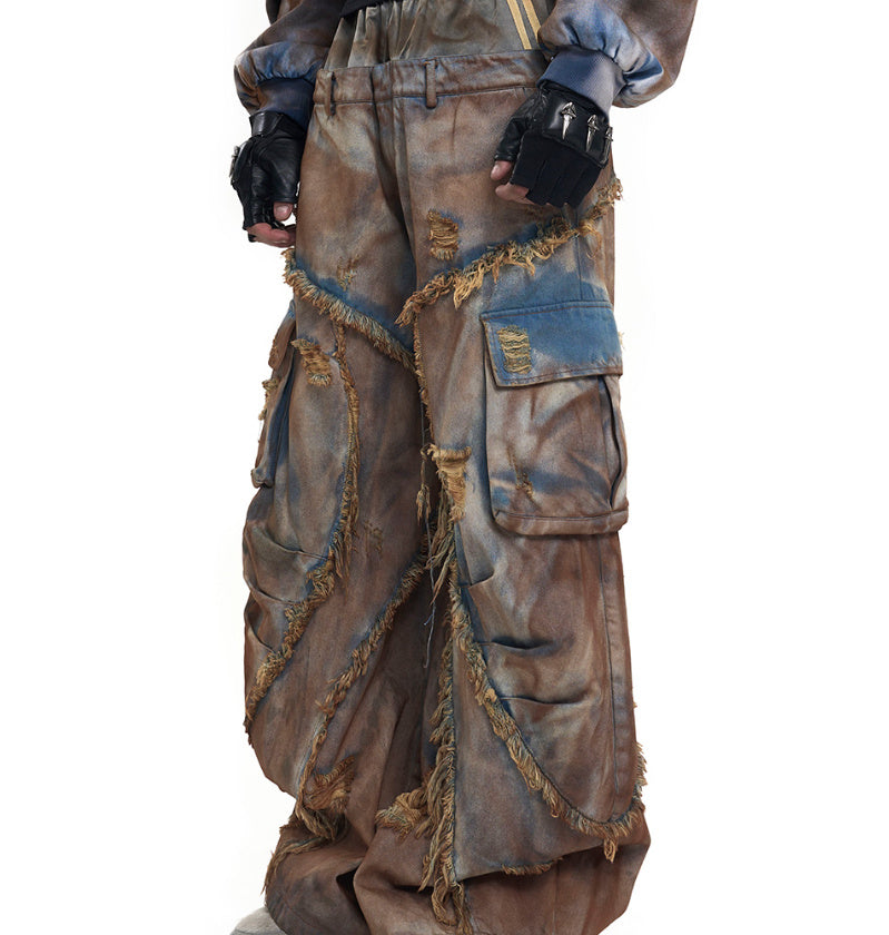 Waste Soil Wind Old Mud Dyed Fake Two Pieces Jeans