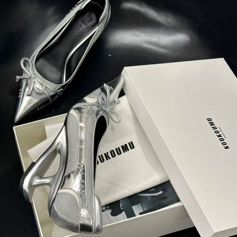 Women's Black Pointed Toe Shaped Floating Heel Mary Jane Shoes