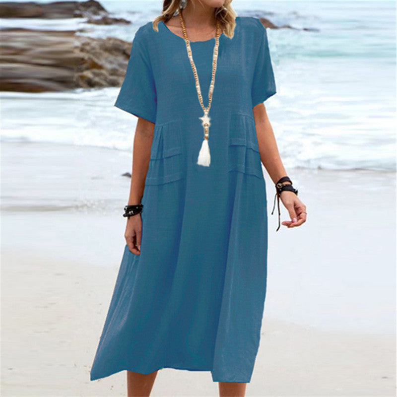 Women's Summer Loose Casual Midi Dress Breathable Cotton Linen Short-sleeve Mid-length Dresses Women Simple Beach Dress