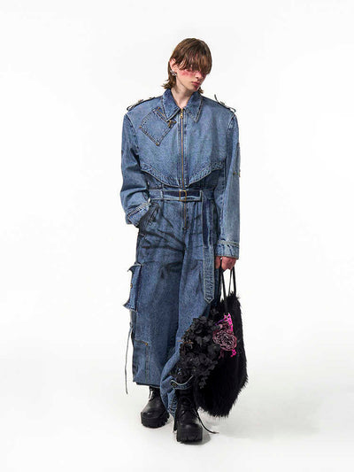 Dirty Dyed Denim Jumpsuit Men's Washed Blue Zipper Jeans