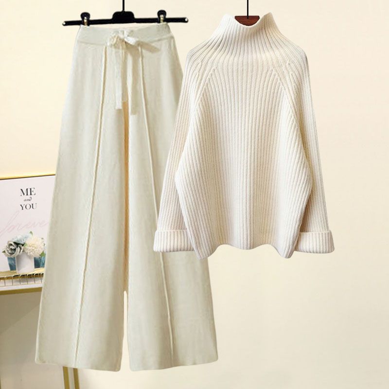 Sweater Lace-up Cropped Drooping Wide Leg Pants Suit