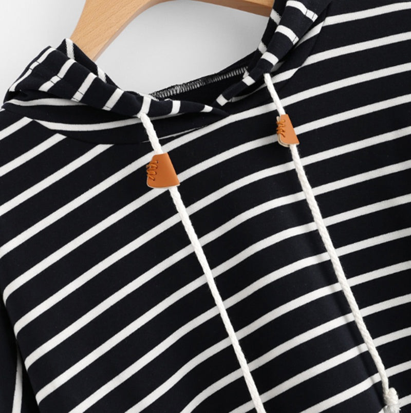Black and White Striped Loose Hooded Sweatshirt