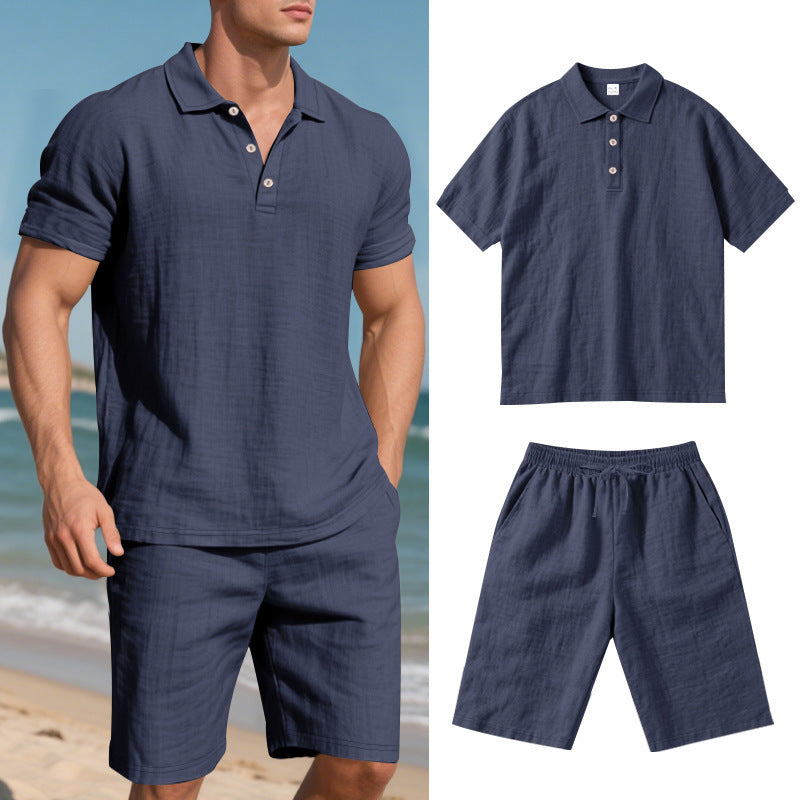 Summer Men's Loose Casual Linen Breathable Short Beach Sleeve Shorts Suit