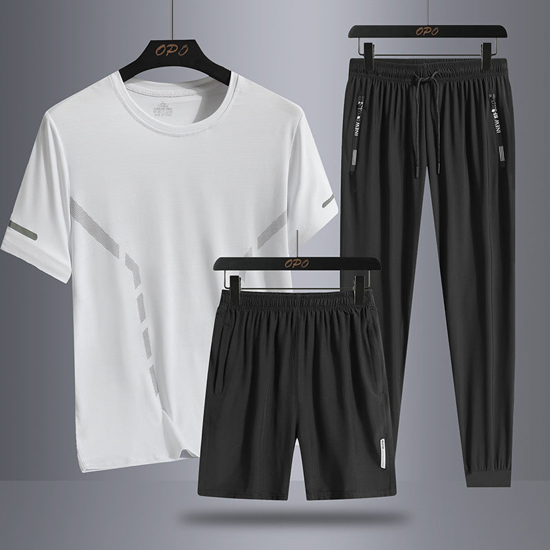 Men's Sports Short Sleeve  Pants Three-piece Thin Breathable