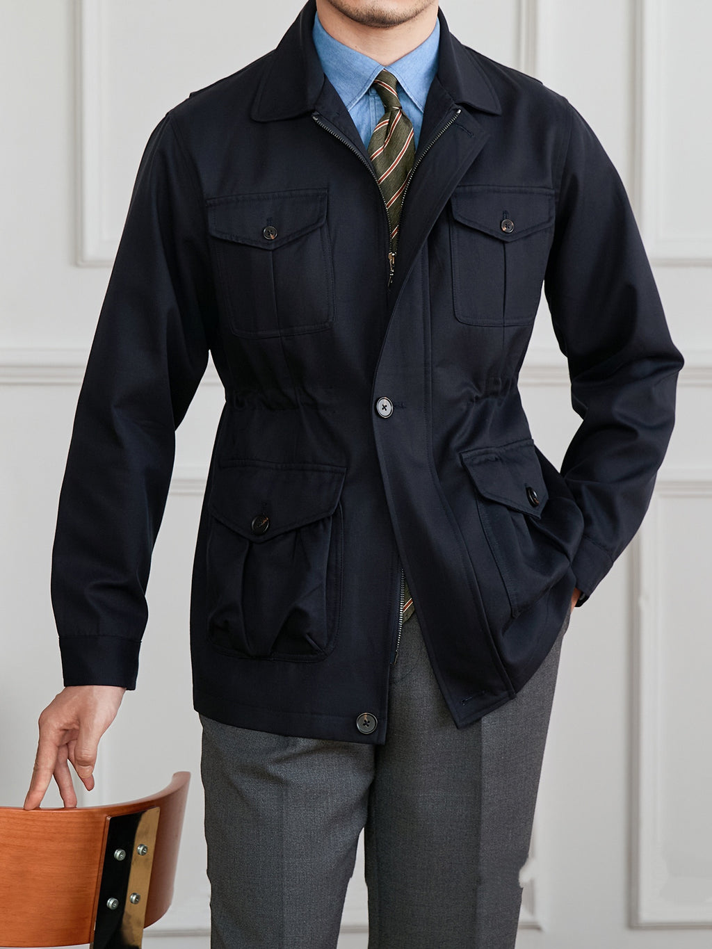 Fashion Waist-controlled Elastic Safari Jacket Coat Thin Polo Collar Jacket Men