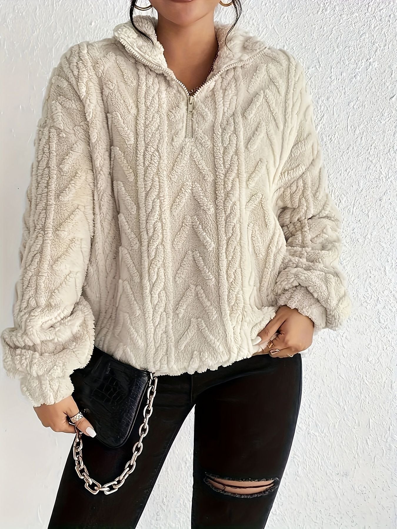 Double-sided Plush Latte Art Casual Zipper Pullover Top