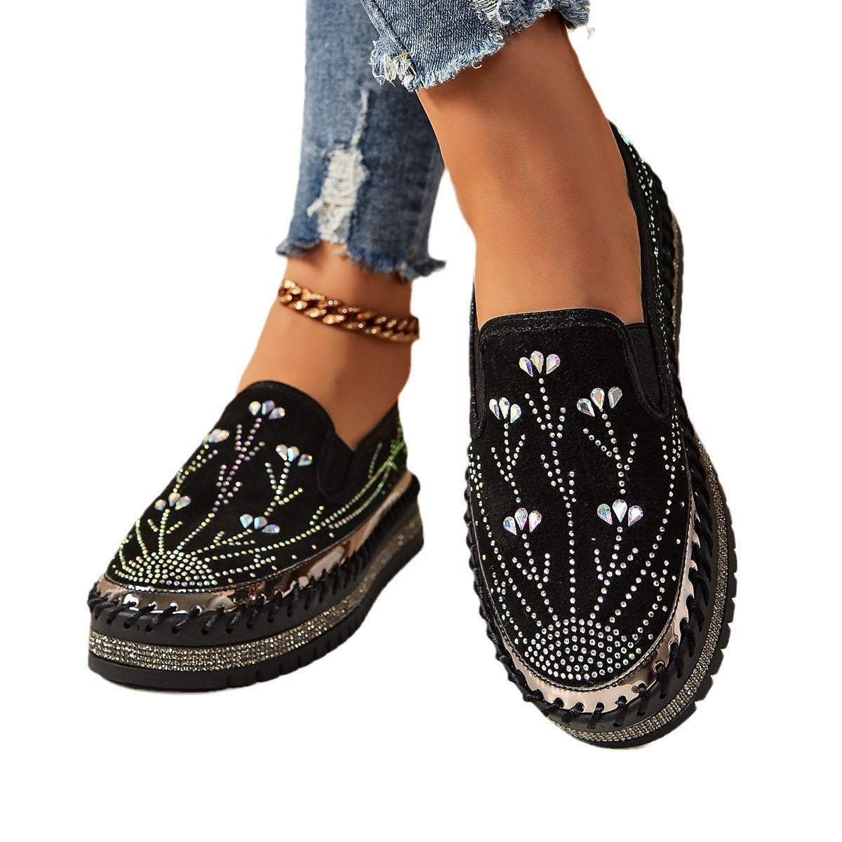 Casual Sneakers Slip-on Rhinestone Platform Thick Bottom Shoes