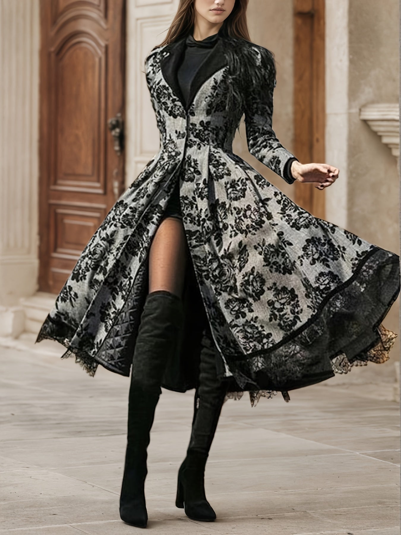 2025 New Women's Evening Dress, Lace Decoration, Collar, Flower Print Press, Long Sleeve, Dance Dress