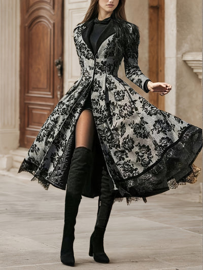 2025 New Women's Evening Dress, Lace Decoration, Collar, Flower Print Press, Long Sleeve, Dance Dress