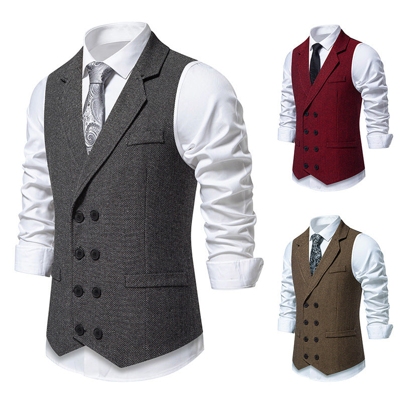Men's Herringbone Tweed Suit Vest Retro Lapels Double Breasted Vest