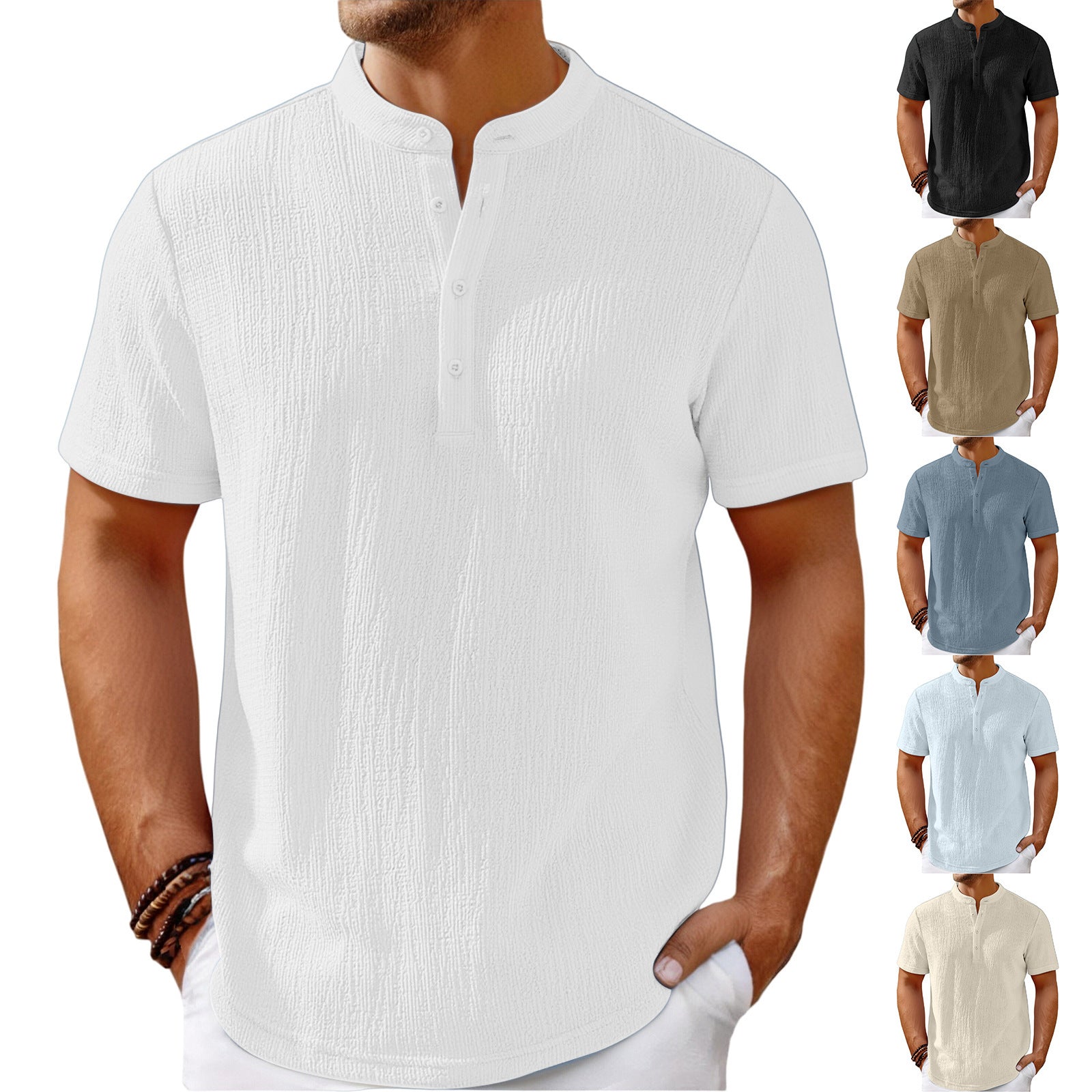 Men's Retro Cotton And Linen Stripes Henley Shirt Casual Loose Shirt