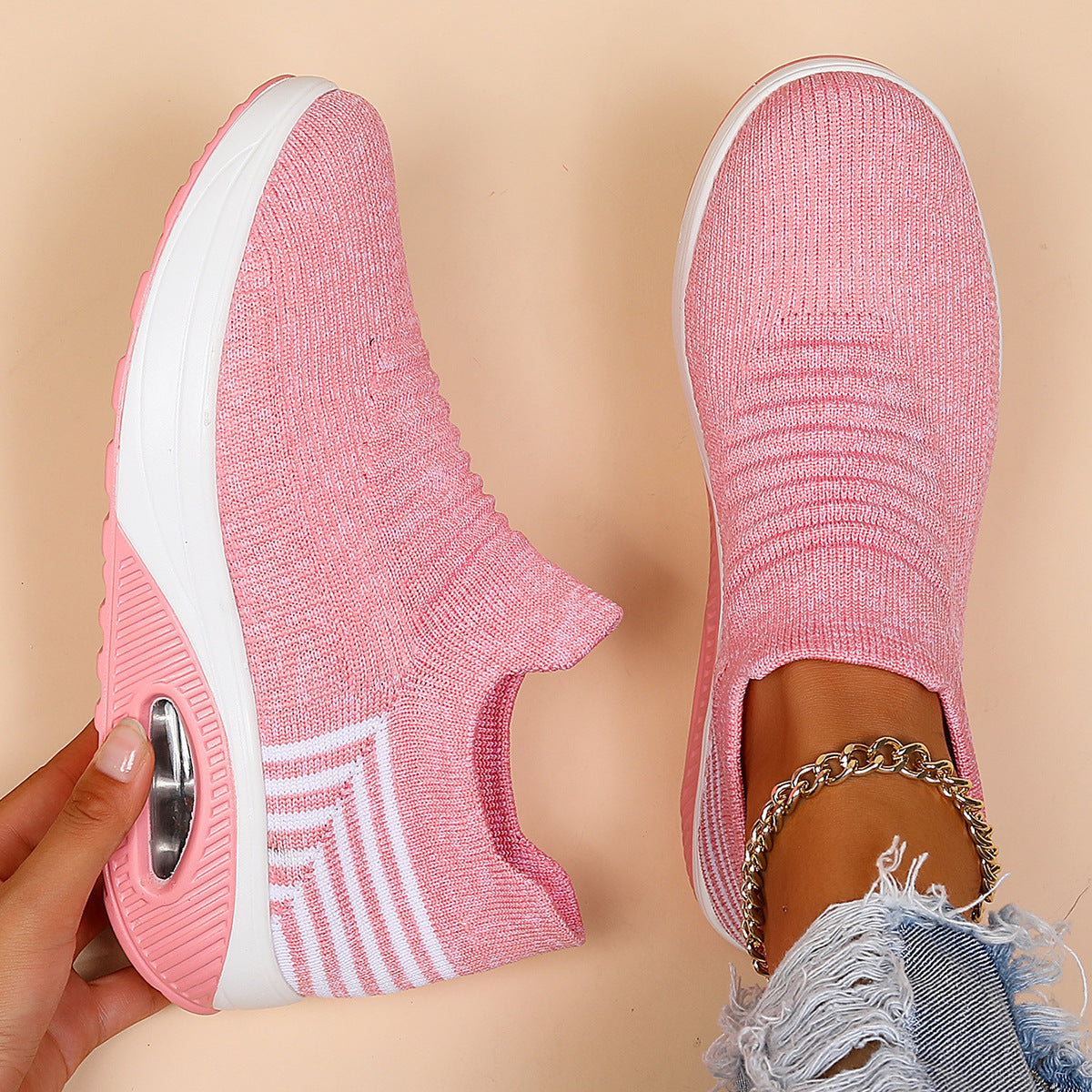 Plus Size Sports Women's Shoes Breathable Fly-knit Socks Shoes Slip-on Lazy Shoes