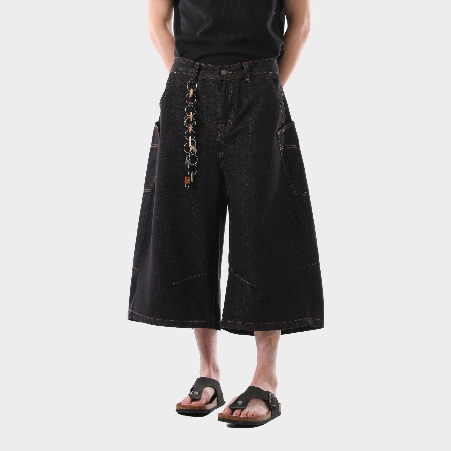 Retro Washed Side Pocket Denim Cropped Pants Men