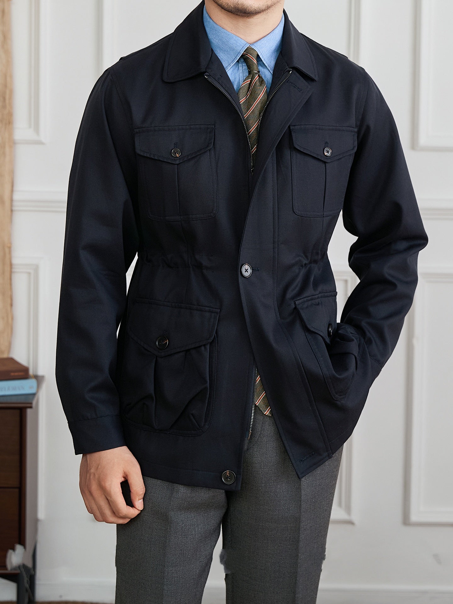 Fashion Waist-controlled Elastic Safari Jacket Coat Thin Polo Collar Jacket Men