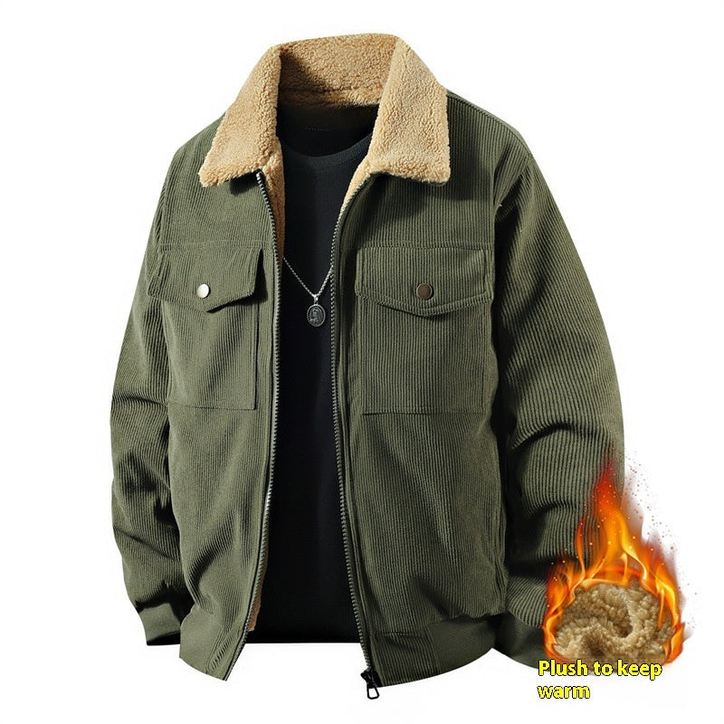 Fleece Corduroy Cotton Coat Jacket Men's Loose Casual Polo Collar Coat