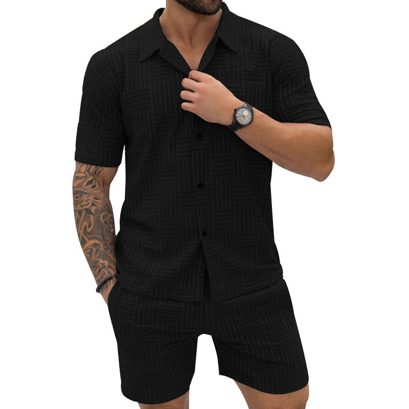 Men's Jacquard Button Shirt Lapel Casual T-shirt Suit