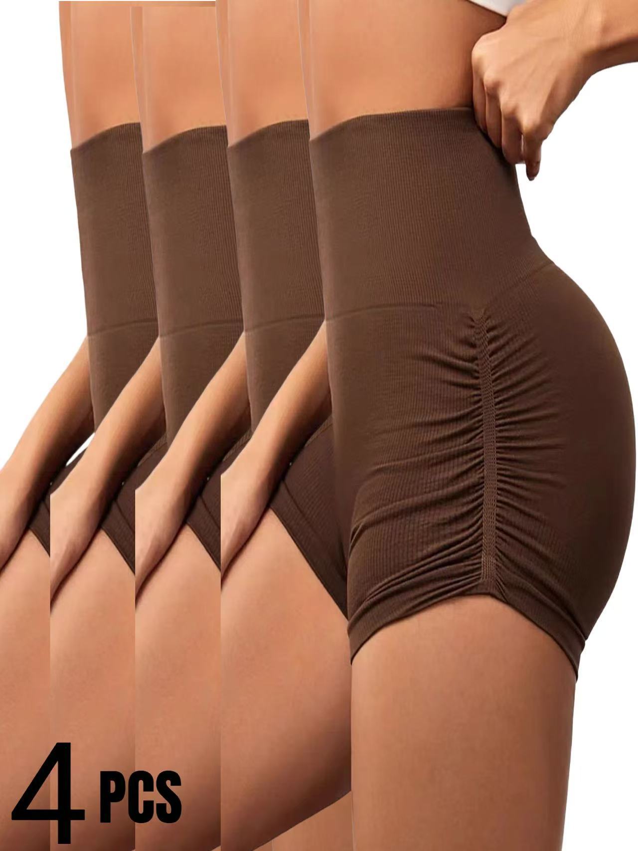 4 PCS Sexy Solid Color Women Fitness Sport Short High Waist Athletic Yoga Short Leg Cycling Comprehensive Training Jogging Squat Proof Summer Solid Color Women's Seamless Yoga Shorts