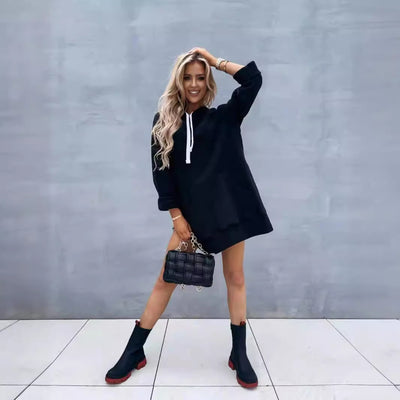 Women's Solid Color Hooded Mid-length Sweater