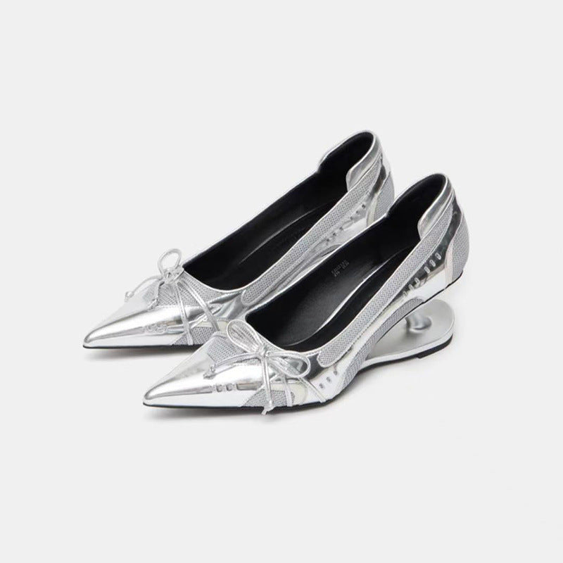 Women's Black Pointed Toe Shaped Floating Heel Mary Jane Shoes
