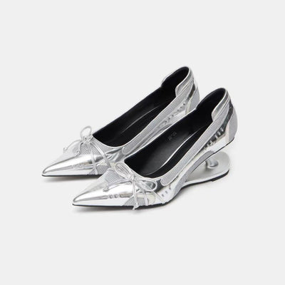 Women's Black Pointed Toe Shaped Floating Heel Mary Jane Shoes
