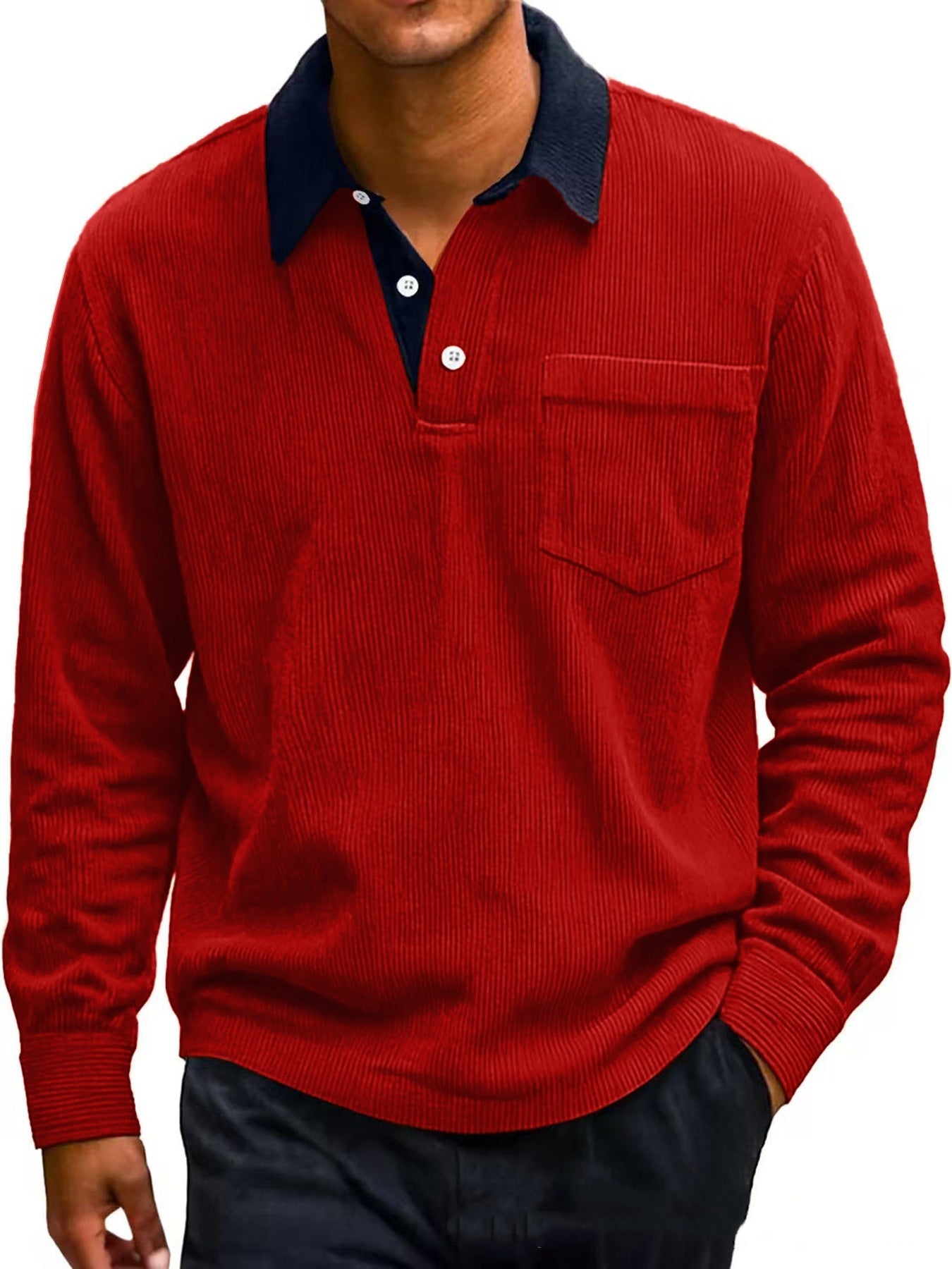 Men's Vintage Corduroy Button Long Sleeve Polo Shirt