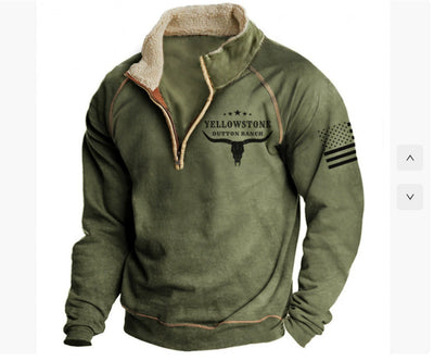 Printed Men's Long Sleeve Stand Collar Half Zip Sweater Neck Fleece-lined