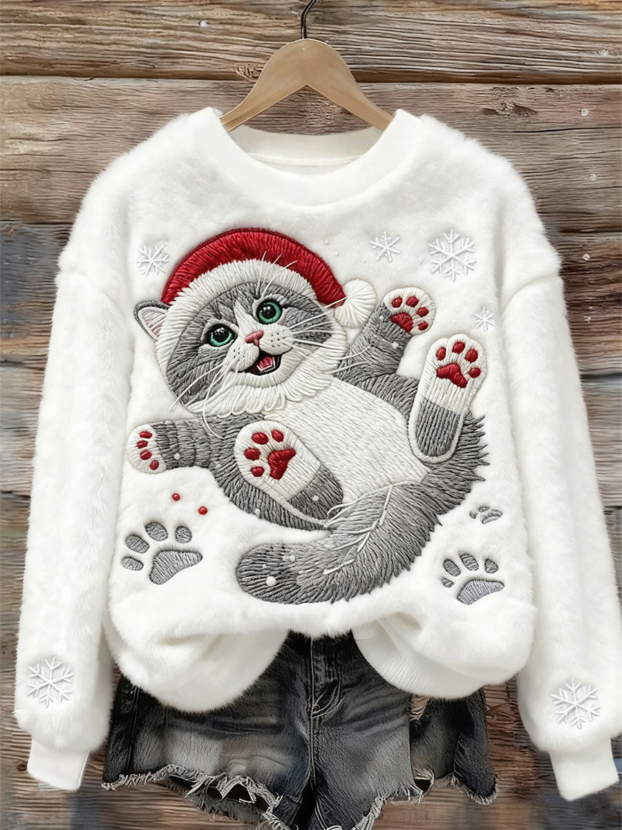 3D Digital Printed Flannel Christmas Women's Crew-Neck Sweater