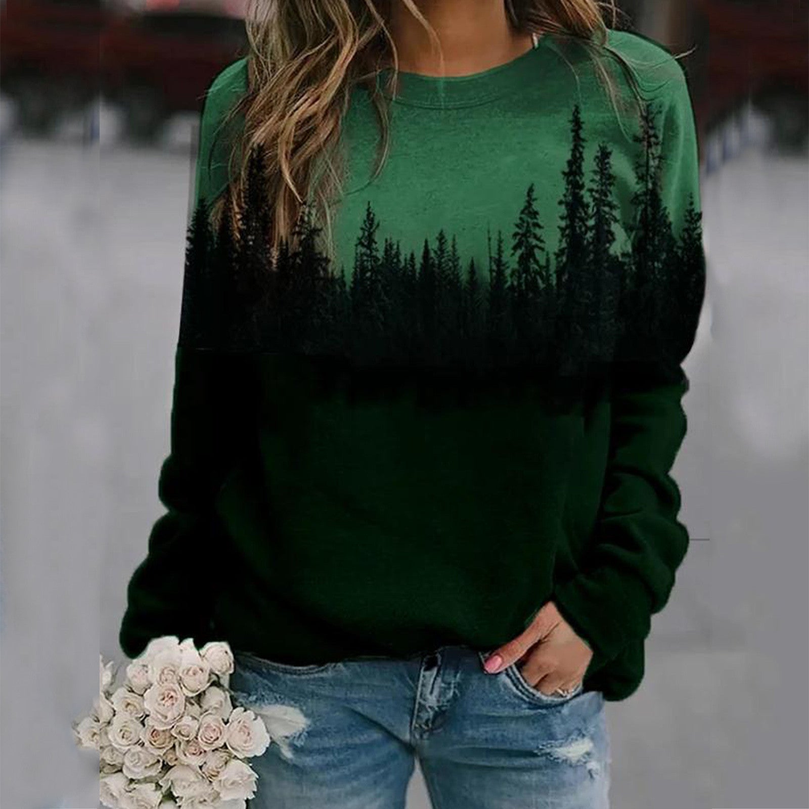 Landscape print long-sleeved sweater