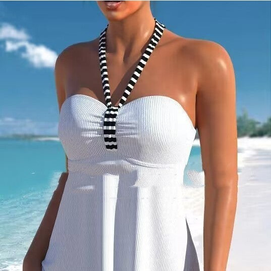 Solid Color Black And White Striped Off-shoulder Swimsuit Suit