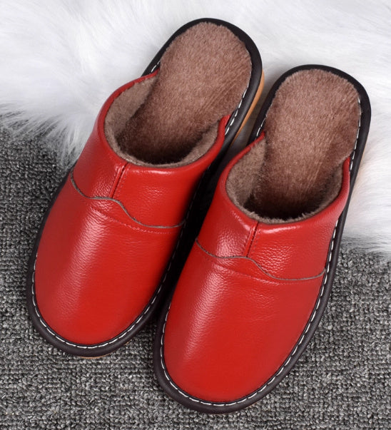 Pure Leather Thermal Cotton Slippers Couple Household Cowhide Waterproof