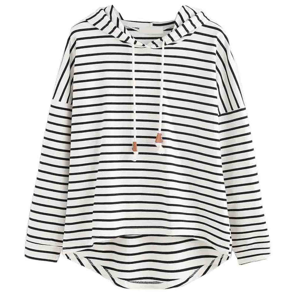 Black and White Striped Loose Hooded Sweatshirt
