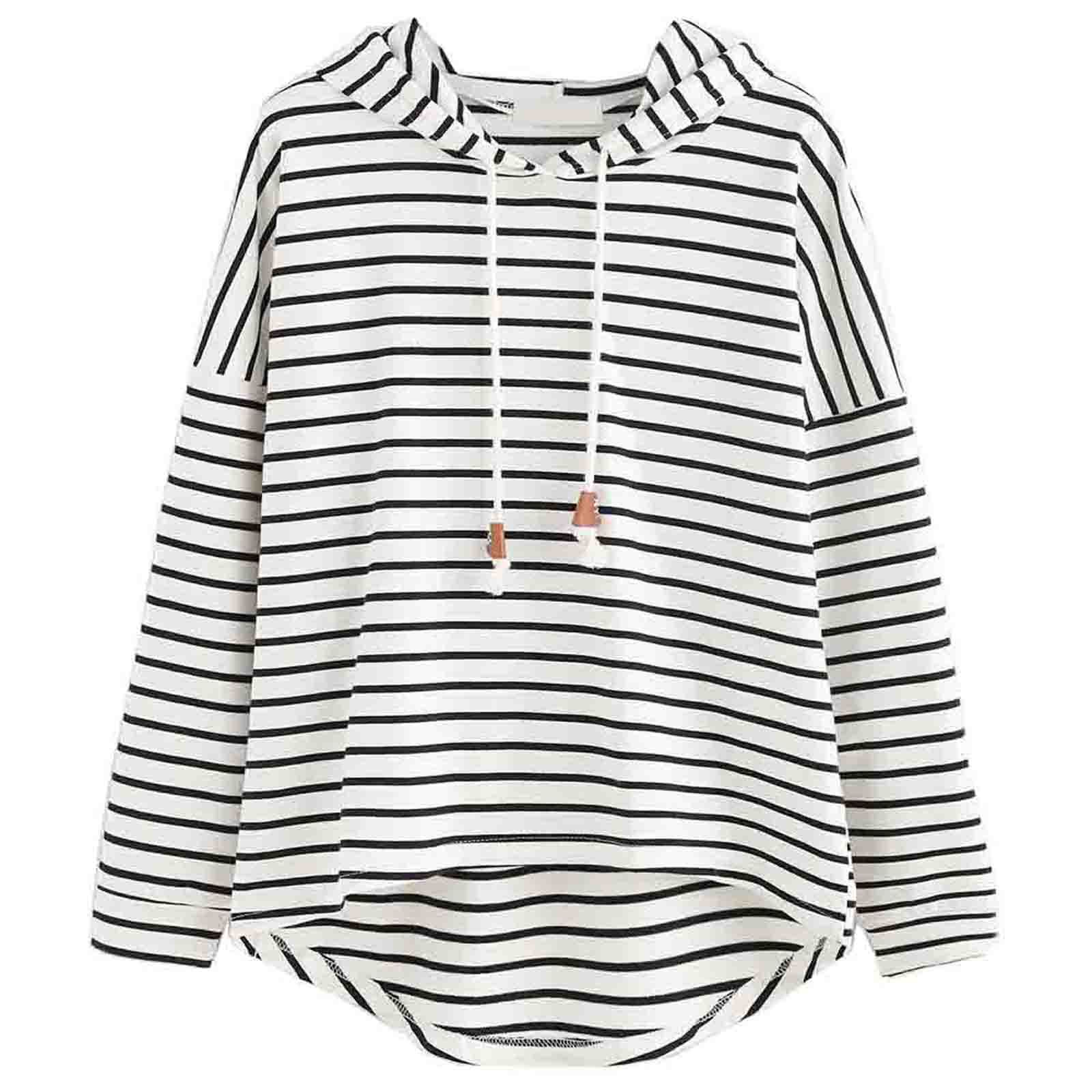 Black and White Striped Loose Hooded Sweatshirt