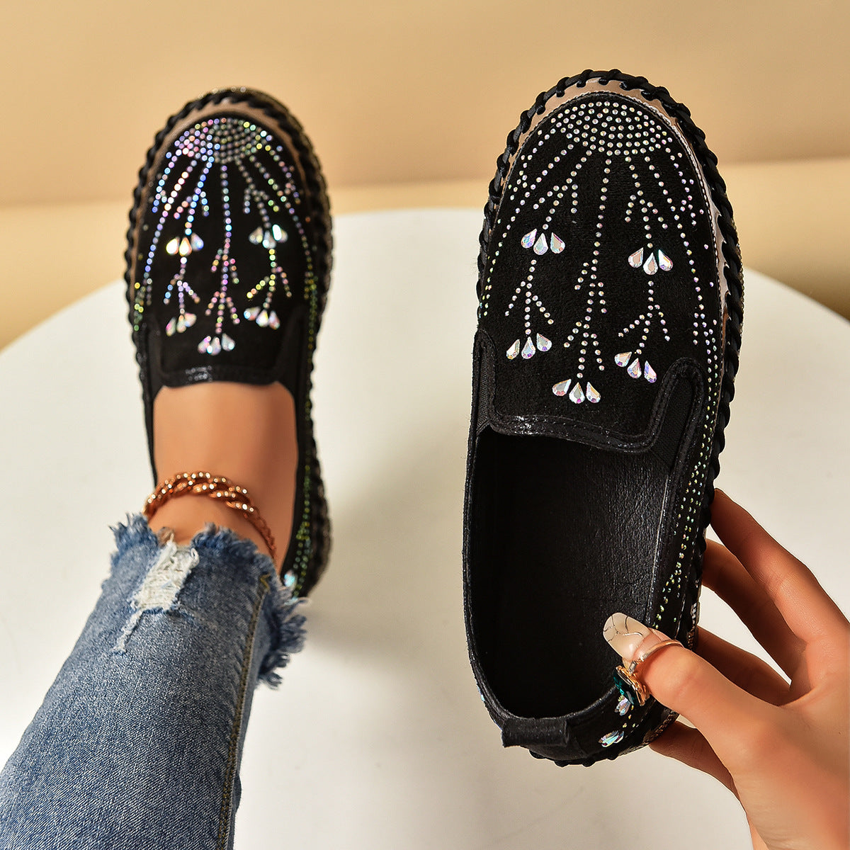 Casual Sneakers Slip-on Rhinestone Platform Thick Bottom Shoes