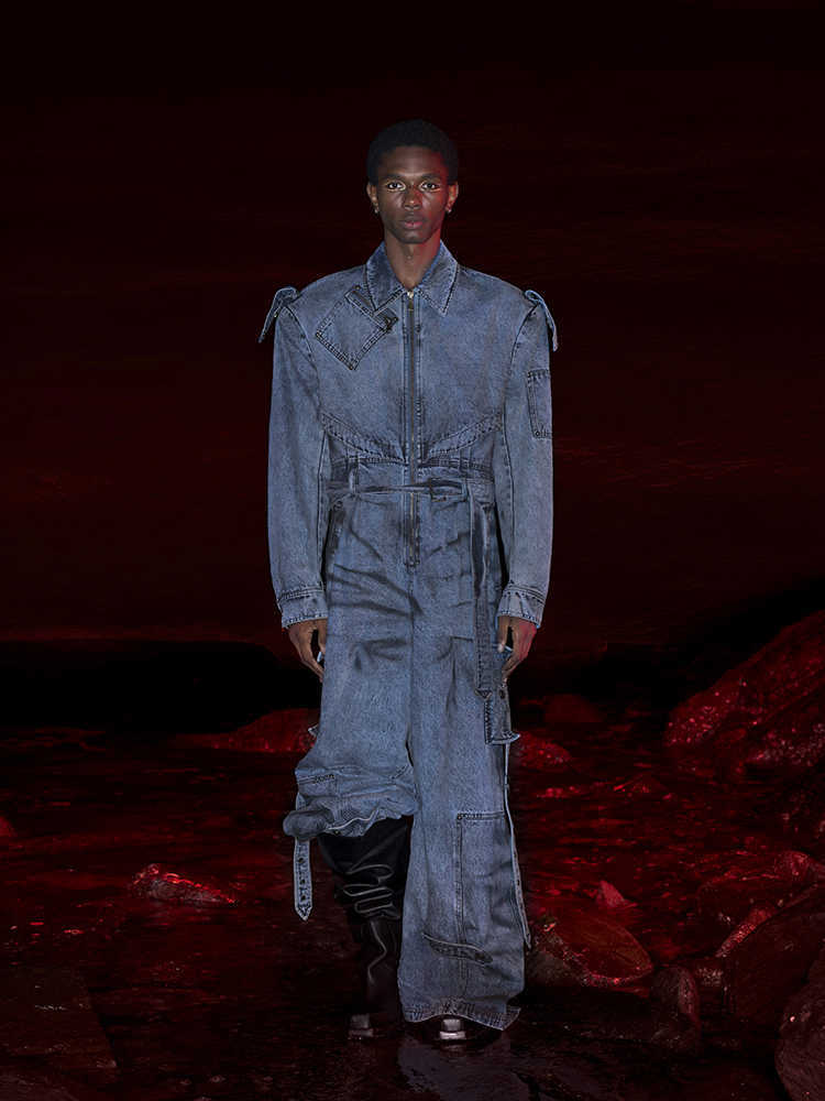 Dirty Dyed Denim Jumpsuit Men's Washed Blue Zipper Jeans