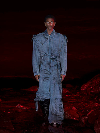 Dirty Dyed Denim Jumpsuit Men's Washed Blue Zipper Jeans