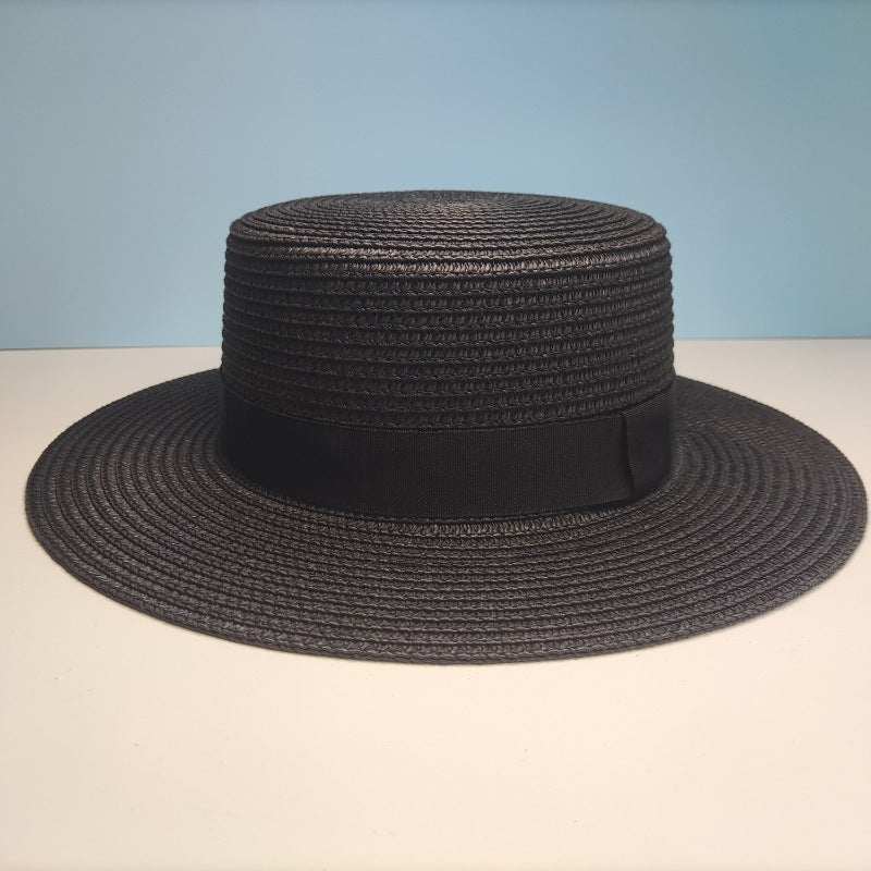 Black Decorative Band Flat Straw Hat High-grade