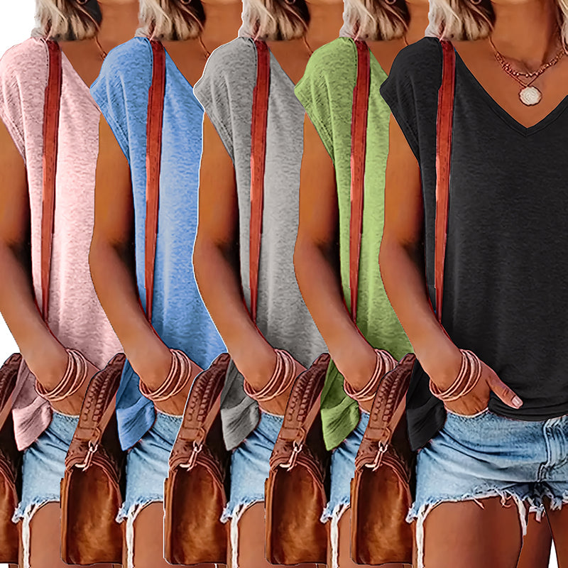 Women's 5-Pack V-Neck Solid Color Short Sleeve T-Shirts - Basic Casual Summer Tees