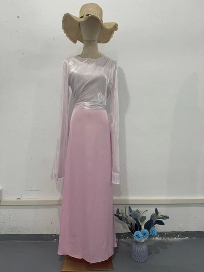 Elegant Summer Sleeve Contrast Chiffon & Satin Maxi Dress With Flared Cuffs - Slim Fit Long Dress For Women