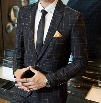 Men's Korean-style Business Suit Slim-fit Plaid Casual Wear