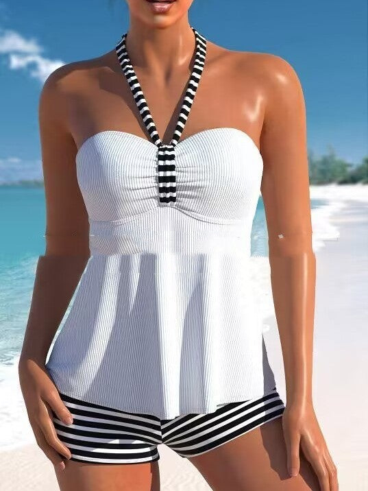 Solid Color Black And White Striped Off-shoulder Swimsuit Suit