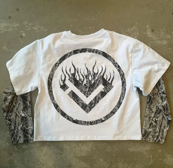 Niche Design Stitching Letter Print Round Neck Long Sleeve T-shirt