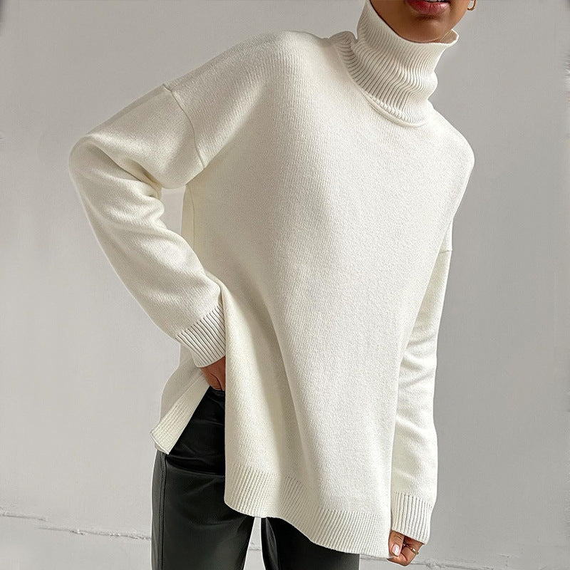 Loose Pullover Sweater Fashion Split High Neck Versatile Sweater Women