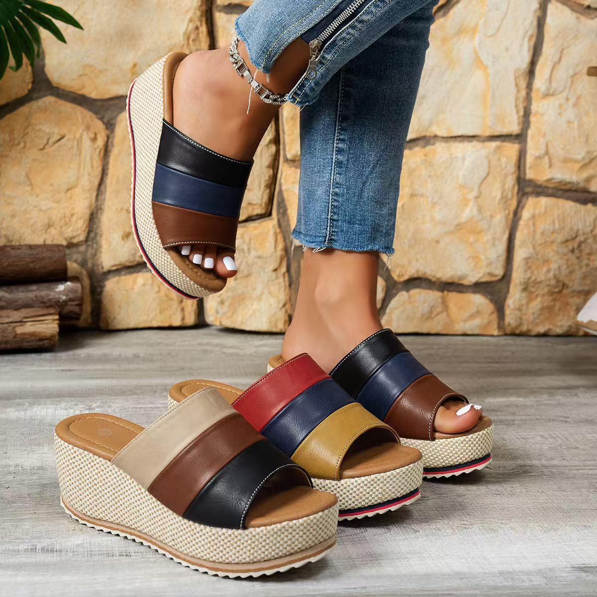 Ankle-strap Sandals Block Platform Wedge Plus Size Slippers