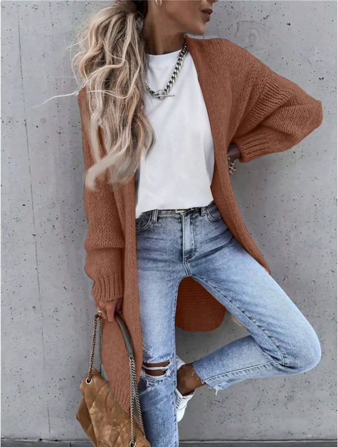 Women Solid Color Long Sleeve Casual Open Front Knit Cardigan