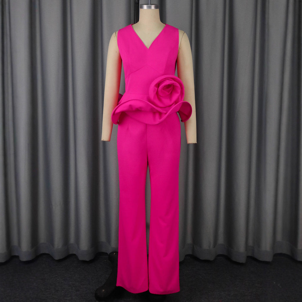 Three-dimensional Flower V-neck Sleeveless Top High Waist Fashion Straight-leg Pants