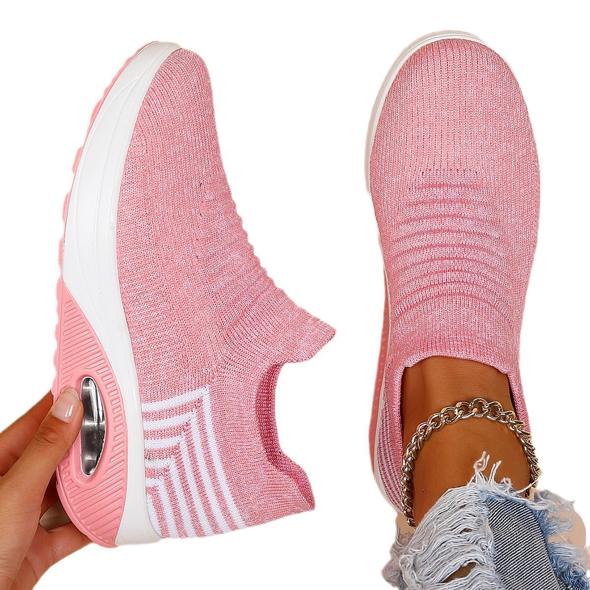 Plus Size Sports Women's Shoes Breathable Fly-knit Socks Shoes Slip-on Lazy Shoes