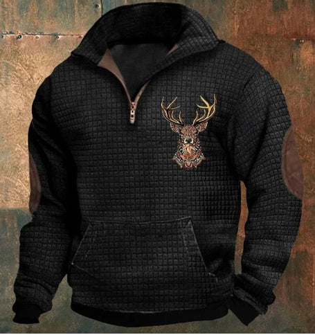 Printed Men's Long Sleeve Stand Collar Half Zip Sweater Neck Fleece-lined