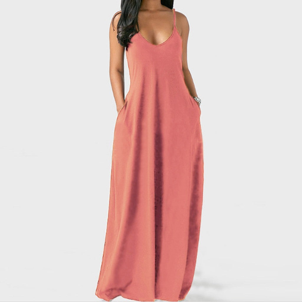 Women's Solid Color Sexy Deep V Suspender Long Dress