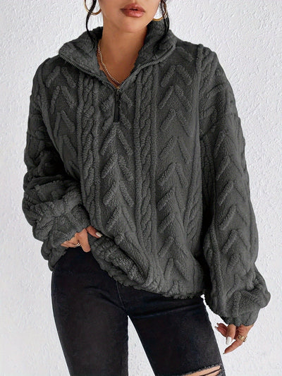 Double-sided Plush Latte Art Casual Zipper Pullover Top