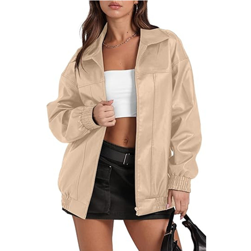 Long Sleeve Lapel Zipper Side Pocket Casual Trench Coat Women